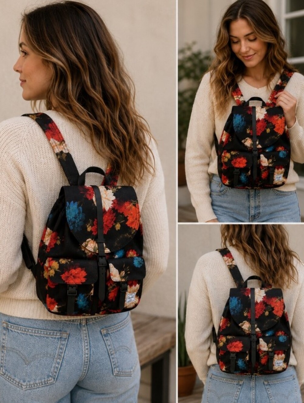 Chic Floral Mini Backpack Black Botanical Boho Preppy Travel Cottagecore